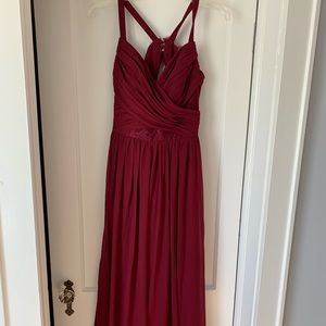 Hayley Paige wine floor length bridesmaid dress